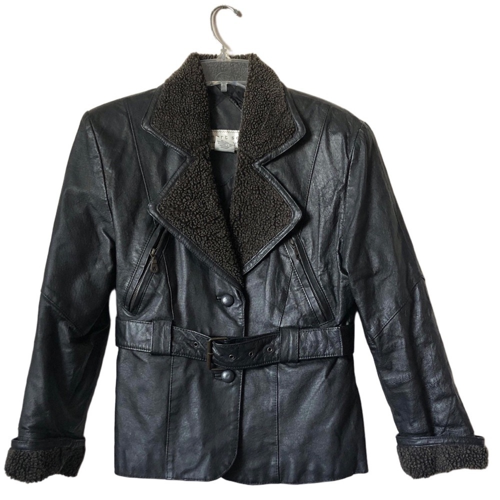 Smart Set Vintage 90s Brown Leather Aviator Jacket Crop Double Breasted Small - Picture 4 of 13